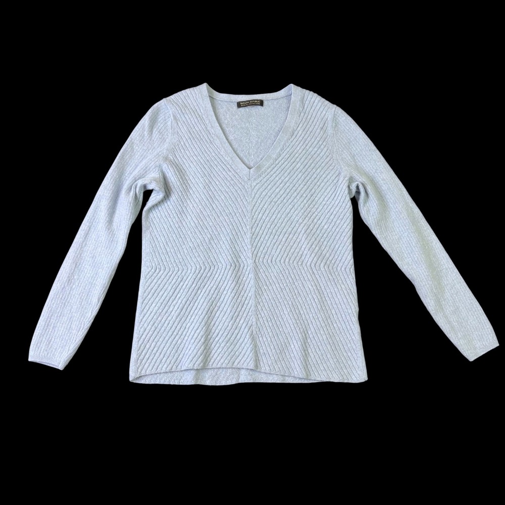 Banana Republic Italian Yarn Chevron Ribbed V-Neck Sweater Womens Medium Blue